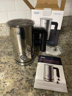 Gevi 4-in-1 automatic milk frother with a stainless steel body chocolate coffee